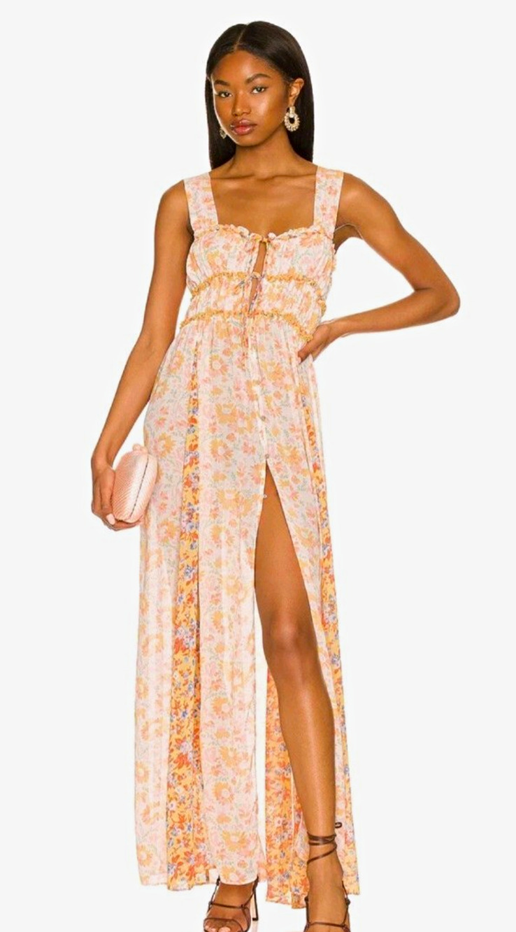 Free People Dance With Me Floral Romatic Boho Maxi Dress Peach Ruffle Tie Size S